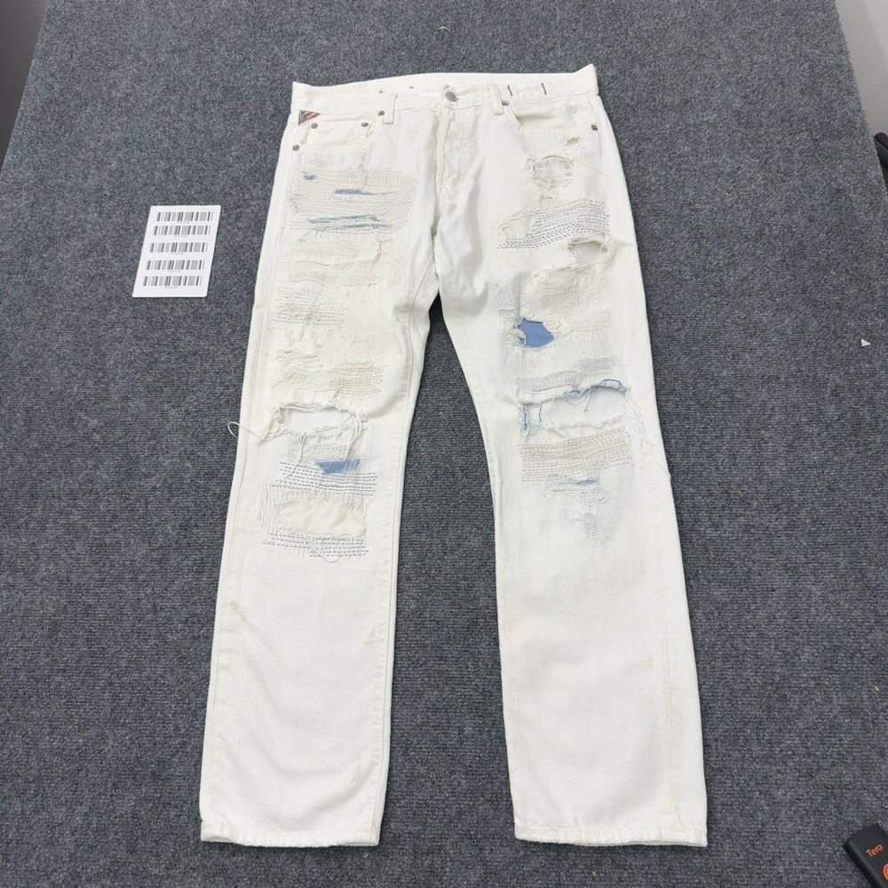Denim & Supply Ralph Lauren Jeans Mens 33x30 White Cotton Distressed Slim Repair